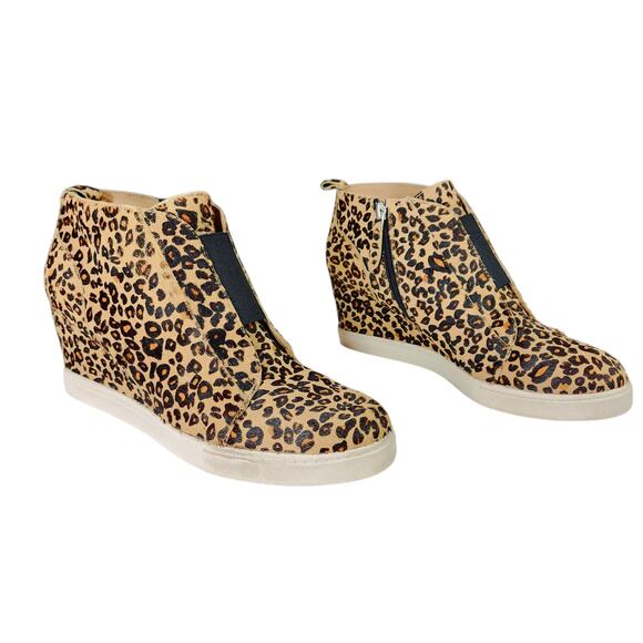 Paolo Shoes - Linea Paolo Wedge Sneakers sz 9M Women Leopard‎ Print Fur Calf Hair Beige Orange